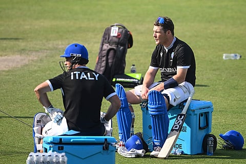 Italy’s Harry Manenti (R) attends a training session on the eve of the team's group stage match against Scotland at the Eden Gardens in Kolkata, on Sunday
