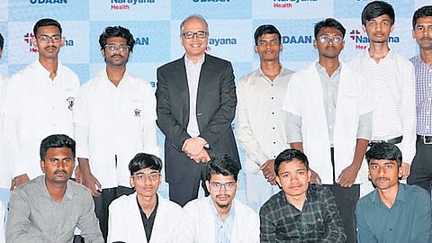 Dr Devi Shetty with students at the UDAAN event in Bengaluru on Saturday