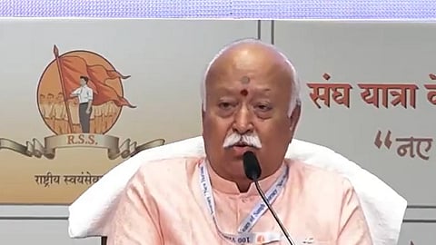 RSS Chief Mohan Bhagwat speaks on Swadeshi during the RSS centenary event in Mumbai on Saturday.