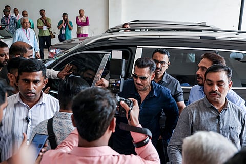 Bollywood actor Salman Khan arrives to attend the lecture of RSS chief Mohan Bhagwat, as part of the 'New Horizons' lecture series marking the organization's centenary year, in Mumbai, Saturday, Feb. 7, 2026.