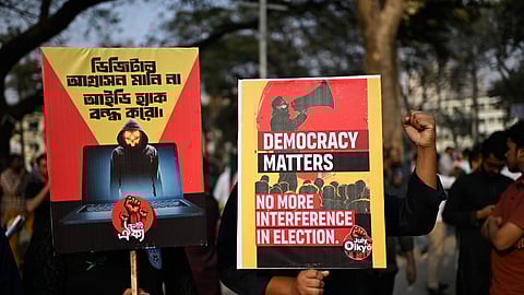 Bangladeshis hold a protest against the Board of Control for Cricket in India (BCCI) during the ongoing World T20 cricket tournament and against India’s alleged interference in Bangladesh’s upcoming National Parliamentary Election, in Dhaka, Bangladesh, Saturday, Feb. 7, 2026.