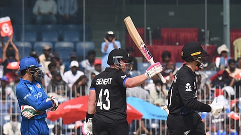 New Zealand's Tim Seifert celebrates after scoring a fifty against Afghanistan in the ICC T20 World Group D game in Chennai on Sunday, Feb. 7, 2026.