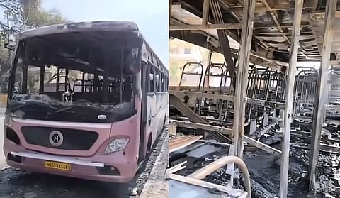 A PCR call was received on Sunday around 12.33 am that a bus standing near by fish market at drain adjoining Krishi Apartment has caught fire.