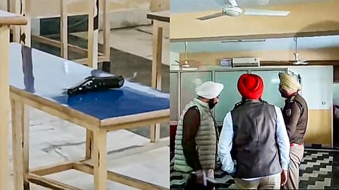 A pistol lies on a desk after a law student shot dead a female classmate inside the classroom before shooting himself, in Tarn Taran district, Punjab, Monday, Feb. 9, 2026.