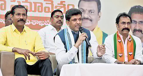Union Minister of State for Rural Development and Communications P Chandra Sekhar addressing a press conference in Visakhapatnam on Sunday.