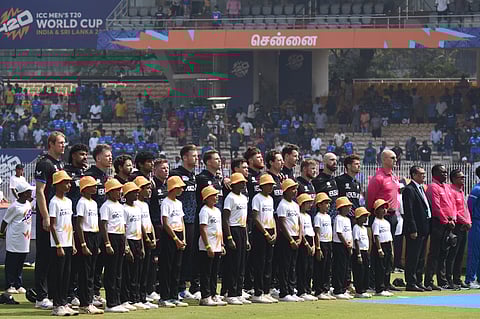 The New Zealand team ahead of their T20 World Cup match against Afghanistan at the MA Chidambaram Stadium in Chennai on Sunday.