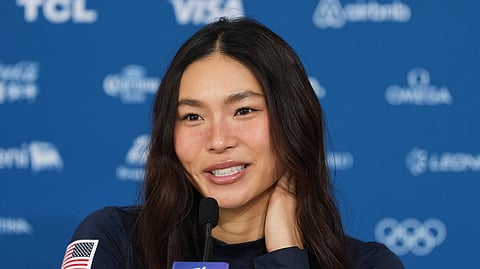 United States' Chloe Kim speaks during a press conference at the 2026 Winter Olympics, in Livigno, Italy, Monday, Feb. 9, 2026.