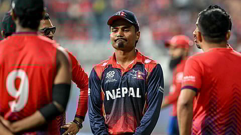 Nepal's captain Rohit Paudel reacts after his team's defeat at the end of the 2026 ICC Men's T20 Cricket World Cup group stage match between England and Nepal at the Wankhede Stadium in Mumbai on Sunday
