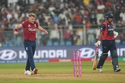 England's Sam Curran celebrates after wining against Nepal during the T20 World Cup match in Mumbai, on Sunday