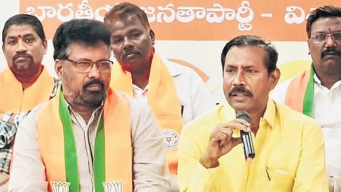 Telugu Desam Party (TDP) State president Palla Srinivasa Rao speaking to mediapersons in Visakhapatnam.