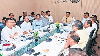 Works minister Prithiviraj Harichandan chairs the high-level review meeting on major road projects in Bhubaneswar.