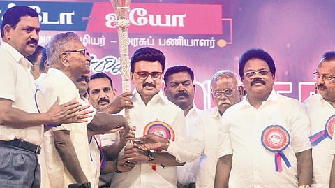 Members of JACTTO-GEO presenting a ‘sengol’ to Chief Minister MK Stalin during a thanksgiving event held in Chennai on Sunday.