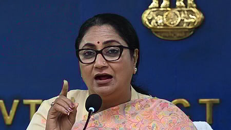 Delhi CM Rekha Gupta addresses a press conference at Delhi Secretariat in New Delhi.