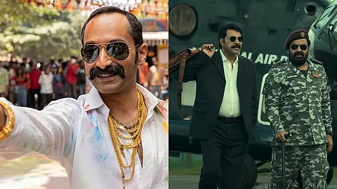 Fahadh Faasil in Aavesham (L), Mammootty and Mohanlal in Patriot (R)