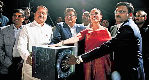 Actor Tamannaah Bhatia with Large and Medium Scale Industries Minister MB Patil, Karnataka Soaps and Detergents Ltd Chairman Appaji CS Nadagouda and others at a product launch in Bengaluru on Tuesday 
