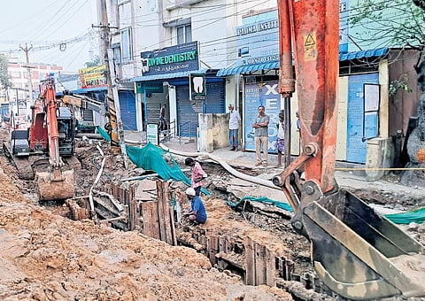 Repair works are being carried out on Karukku Main Road in Ambattur, where damaged sewer pipes caused a deep cave-in weeks ago.