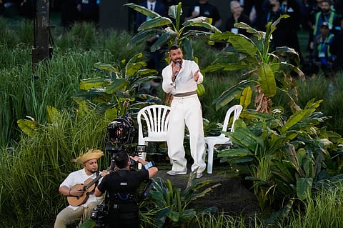 Ricky Martin performs with Bad Bunny during halftime of the NFL Super Bowl 60 football game between the Seattle Seahawks and the New England Patriots.