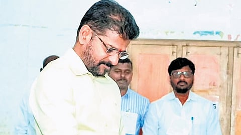 Chief Minister A Revanth Reddy casts his vote at a polling station in Kodangal on Wednesday