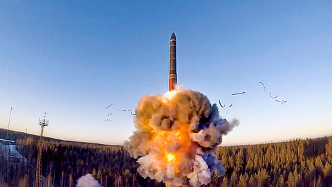 This photo taken from a video distributed on Dec. 9, 2020 by the Russian Defense Ministry Press Service, shows a rocket launch as part of a ground-based intercontinental ballistic missile test at the Plesetsk facility in northwestern Russia. 