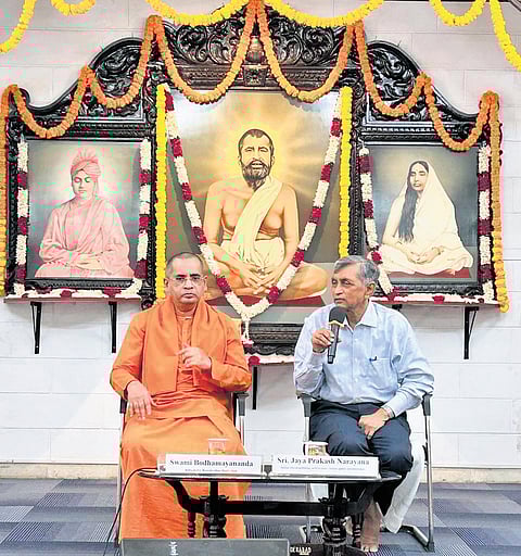 Swami Bodhamayananda and former IAS officer Jayaprakash Narayan during the ‘Viveka Suryodaya Saptaham’ event on Wednesday