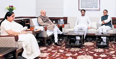 Maharashtra deputy CM Sunetra Pawar during a meeting with Amit Shah.