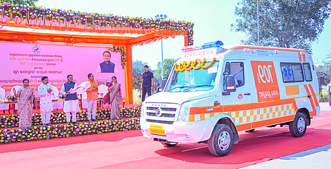Chief Minister Mohan Charan Majhi falgging off new ambulances t Kalinga Stadium.