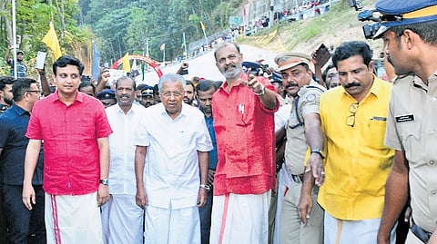 Chief Minister Pinarayi Vijayan with Ministers P A Mohamed Riyas, O R Kelu and C K Hareendran at the inaugural function of Kumbichalkadavu Bridge near Amboori in Thiruvananthapuram on Wednesday 