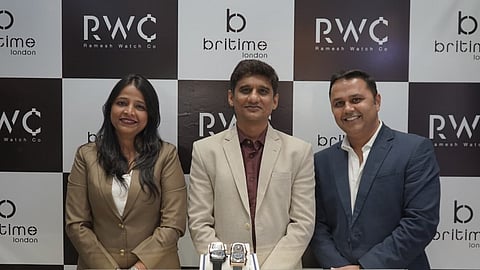 Ashwini Auti, general manager of Sanskruti Time Group along with Hiren Morbia, founder of Sanskruti Time Group and Rohit Chugani, managing director of Ramesh Watch Company