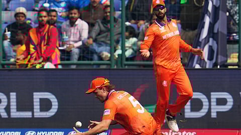 Netherlands' Bas de Leede drops a catch against Pakistan in Colombo