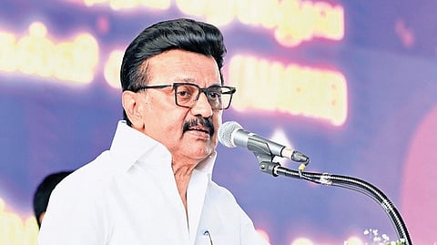 CM Stalin speaking at the thanksgiving ceremony on Tuesday | Express