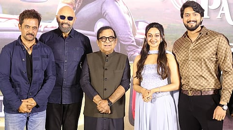 Arjun, Sathyaraj, Brahmanandam, Aishwarya and Niranjan at the pre-release event of Seetha Payanam