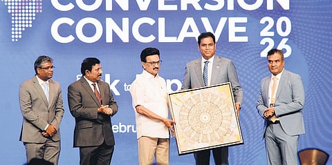 Industries Minister TRB Rajaa presents a memento to CM MK Stalin during the Conversion Conclave 2026 at ITC Grand Chola, Chennai, on Thursday.