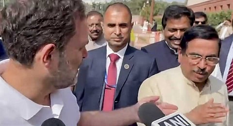 LoP in the Lok Sabha and Congress leader Rahul Gandhi with Union Minister Pralhad Joshi during an interaction with the media, at the Budget sesson of Parliament, in New Delhi, Wednesday, Feb. 11, 2026. 