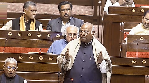 Congress President Mallikarjun Kharge speaks in the Rajya Sabha during the Budget session of Parliament, in New Delhi, Thursday, Feb. 12, 2026. 