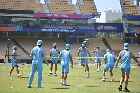 Netherlands players practice at the MA Chidambaram Stadium on Thursday