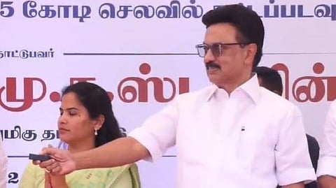 Chief Minister MK Stalin, during the inauguration of the newly constructed Rail-over-Bridge at railway level crossing 2B on Manali Road in Korukkupet, on Wednesday.