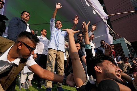 Tarique Rahman, the son of former Prime Minister Khaleda Zia and chairman of the Bangladesh Nationalist Party (BNP), attends an election rally ahead of national election in Dhaka, Bangladesh, on Feb. 8, 2026.