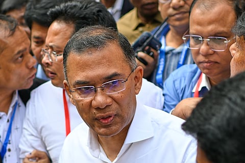 Bangladesh Nationalist Party Chairperson Tarique Rahman talks to media after casting his vote during the national parliamentary elections in Dhaka, Bangladesh, Thursday, Feb. 12, 2026.