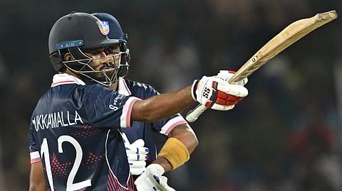 USA's Saiteja Mukkamalla celebrates after scoring a half-century during the 2026 ICC Men's T20 Cricket World Cup group stage match between Netherlands and USA.