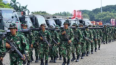 Army soldiers are deployed following violent protests against lawmakers' perks and privileges in Jakarta, Indonesia, Sept. 1, 2025.