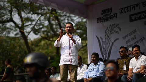 Bangladesh Nationalist Party (BNP) Chairperson Tarique Rahman speaks to his supporters during an election rally on the last day of the election campaign in Dhaka, Bangladesh, Monday, Feb. 9, 2026.