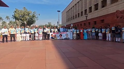 Oppositon MPs protest in the Parliament complex on Friday.