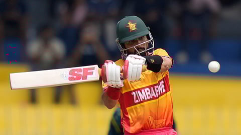 Zimbabwe's captain Sikandar Raza plays a shot during the T20 World Cup cricket match between Australia and Zimbabwe in Colombo, Sri Lanka, Friday, Feb. 13, 2026.