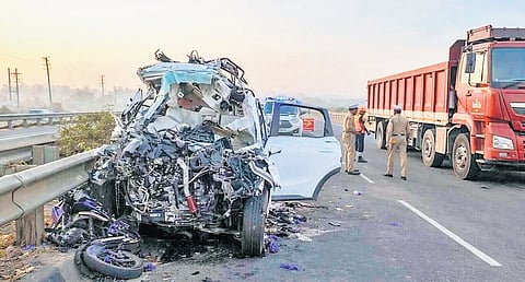 The mangled remains of the SUV involved in the accident on the access-controlled Satellite Town Ring Road expressway near Hoskote on Friday morning.