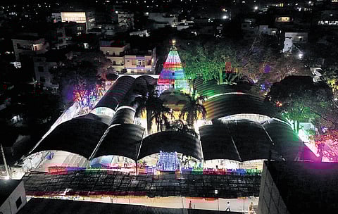 The Bheemeswara Swamy temple in Vemulawada decked up with colourful lights for Maha Shivaratri.
