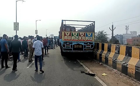A truck met with an accident on Haladiapadar overbridge near Berhampur