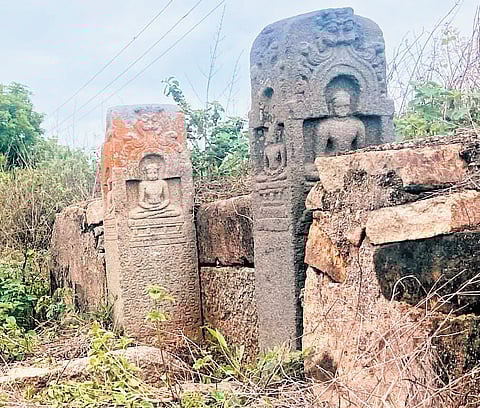 Pillars dating back to the Kalyani Chalukya period, containing two inscriptions referring to a Jaina Basadi, at Yenikepalli village in Moinabad mandal of Rangareddy district