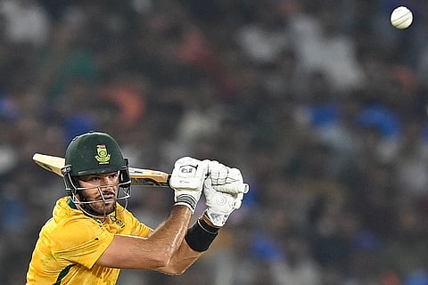 South Africa's captain Aiden Markram plays a shot during the 2026 ICC Men's T20 Cricket World Cup group stage match between New Zealand and South Africa at the Narendra Modi Stadium in Ahmedabad.