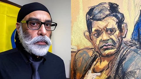 (L) Khalistani separatist and designated terrorist Gurpatwant Singh Pannun; (R) A courtroom sketch of Indian national Nikhil Gupta, accused in Pannun's assassination plot.