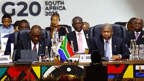 South African President Cyril Ramaphosa and Chairperson of the African Union Joao Lourenco attend a plenary session on the opening day of the G20 Summit, in Johannesburg, South Africa, Saturday, Nov. 22, 2025.